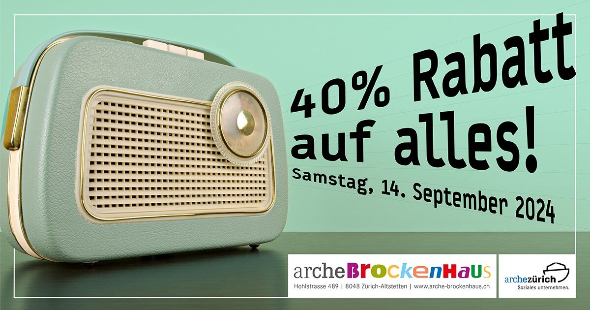 Samstag 14.9.2024, im Arche Brockenhaus 40 Prozent Rabatt auf alles! Möbel, Vintageartikel, Kleider, Spielsachen und vieles mehr
